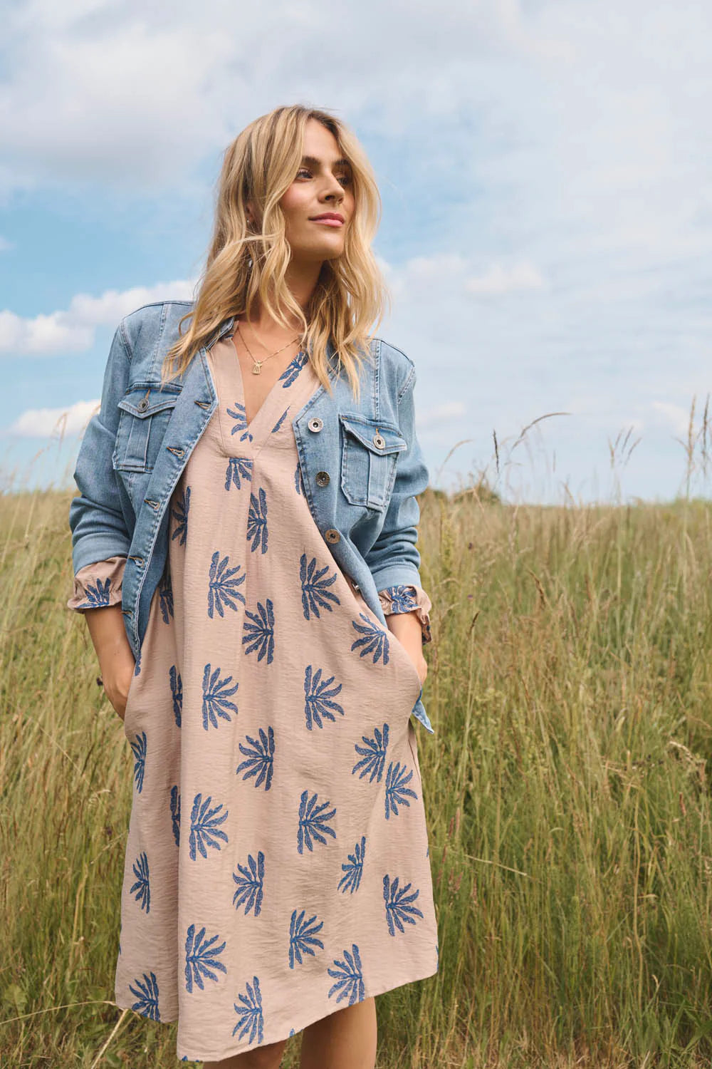 MILEY DRESS - SAND/BLUE PATTERN COSTA MANI